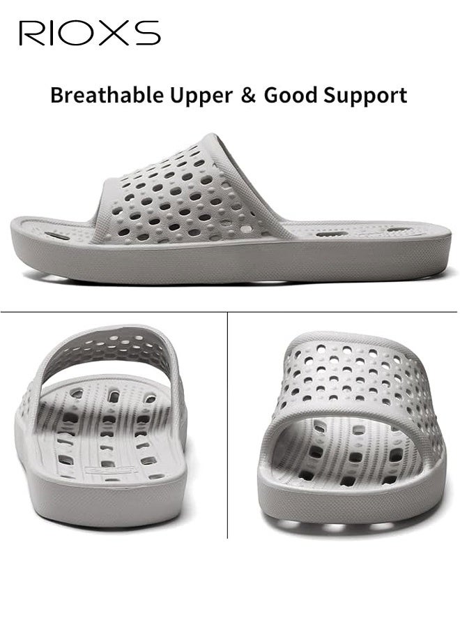 RIOXS Slippers For Men Women, Quick Drying Shower Slippers With Drainage Holes, Soft Comfortable Slippers, Unisex Flat Sliders, Non-Slip Bath Slippers, Bathroom Slippers For Indoor Outdoor Poolside Use, Lightweight Dorm Home Slide Sandals, Light Gray - Image 5